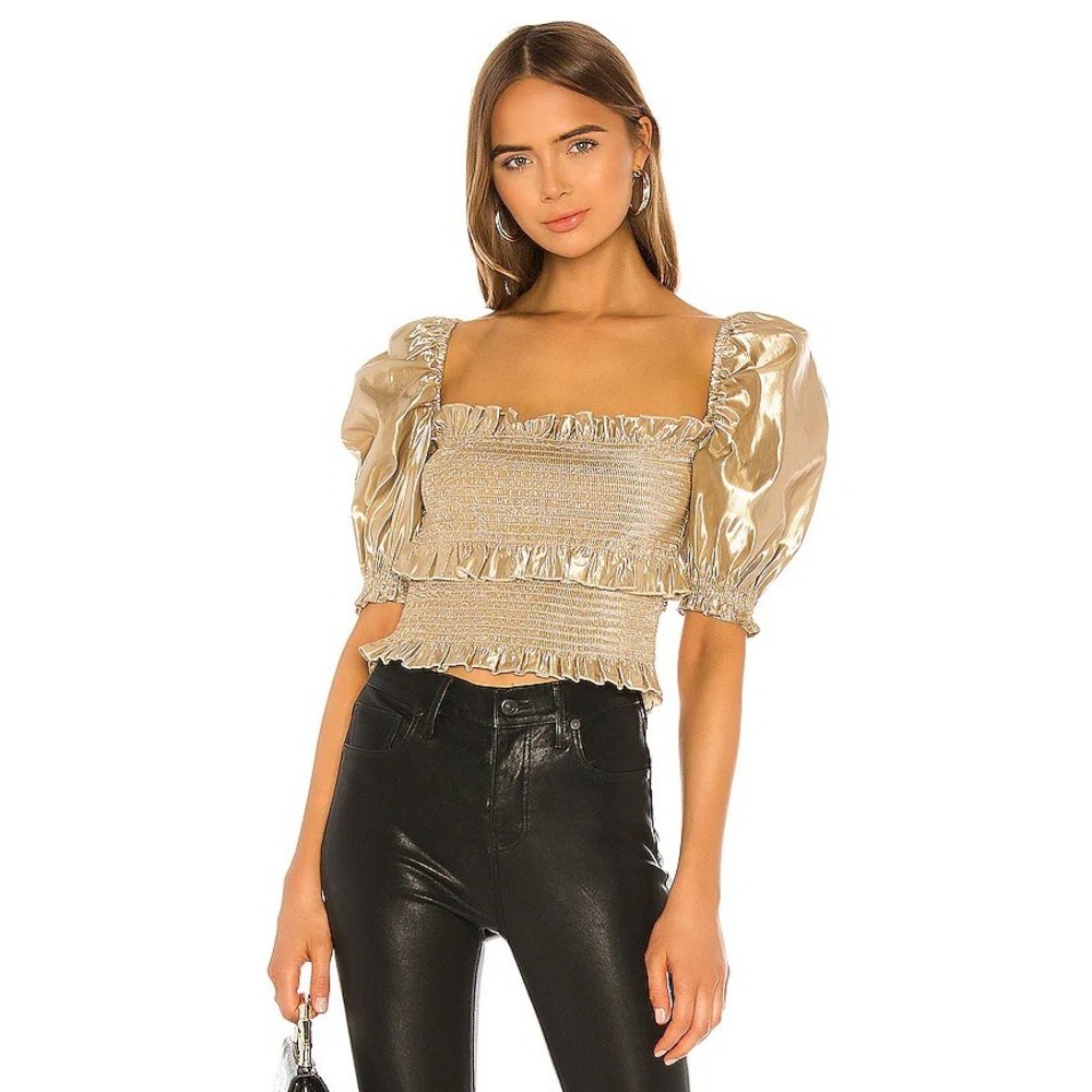 V. Chapman Gold Metallic Smocked Puff Sleeve CropTop Square Neck Size 6 Coquette